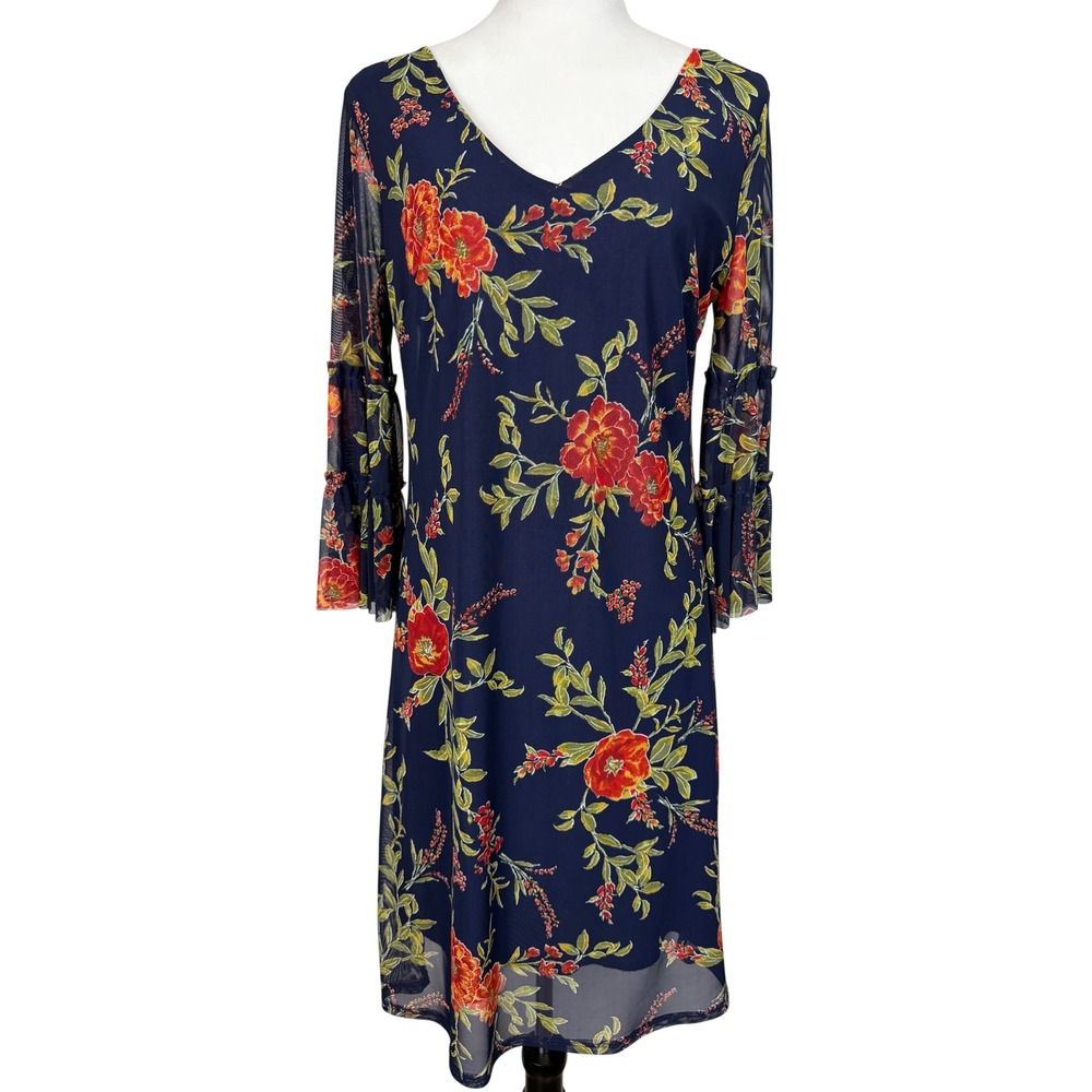 Harlow & Rose Womens Dress M Navy Blue Floral Mesh Tiered Bell Sleeve V-Neck